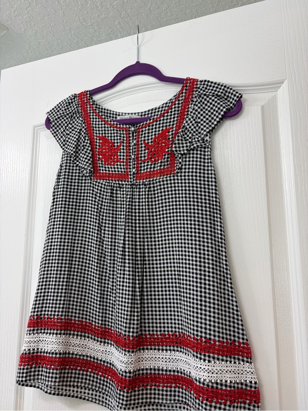 Girls Black & White Gingham Shirt with Red Embroidery